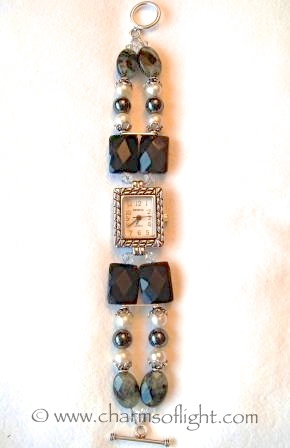Obsidian, Hematite, Pearl & Prehnite Watch Bracelet